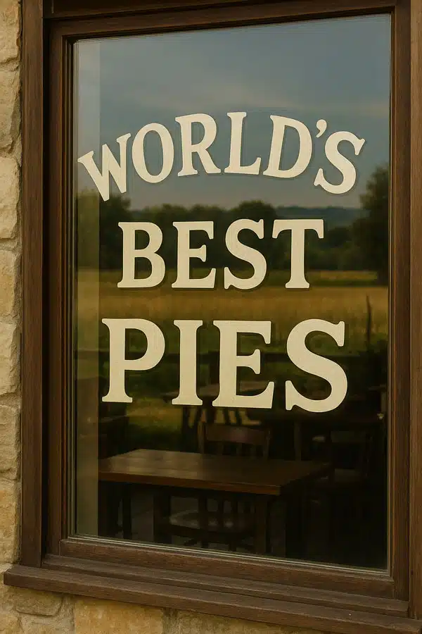 A roadside bakery sign advertising the world’s best apple pies